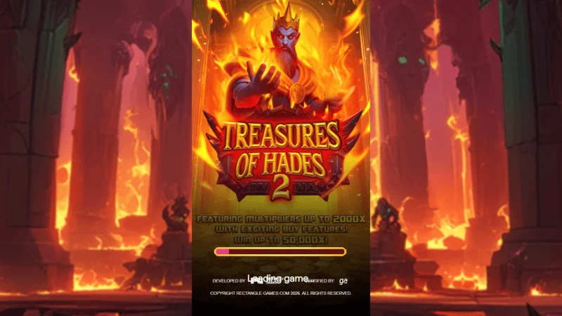 Treasures of Hades 2 — Rectangle Games spēļu automāta ielādes ekrāns mitoloģiskā pazemes valstības vidē