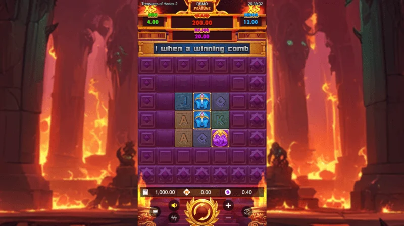 Treasures of Hades 2 — spēļu automāta galvenais ekrāns ar 3×3 ruļļiem un 20 izmaksu līnijām no Rectangle Games